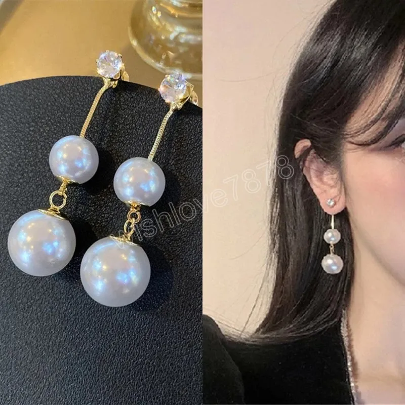 Pendientes largos de perlas de imitación, pendientes colgantes con borlas geométricas, pendientes colgantes de boda con diamantes de imitación para mujer, joyería coreana de moda