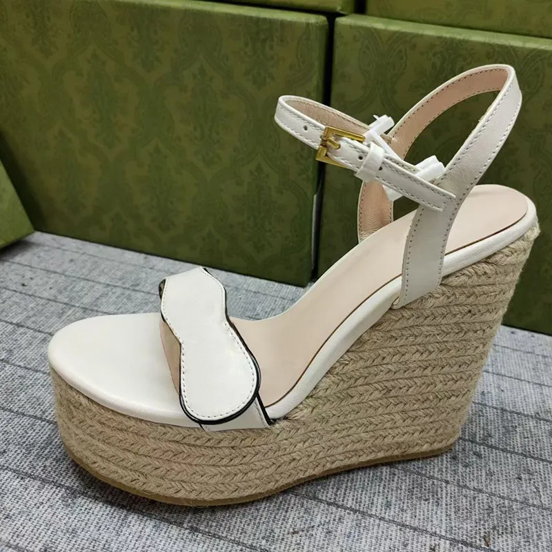 Designer Wedge sandaler Dam plattform espadrille Svart läder Högklackat Double G sandal Summer Beach Sexiga Bröllopsskor 35-42