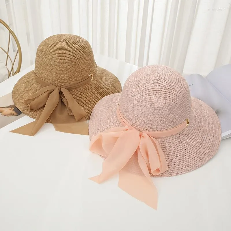 Широкие шляпы элегантных женщин ведро солома с бахновой лентой летняя кепка модные дамы винтажные федора Панама Солнце Шляпа Elob22