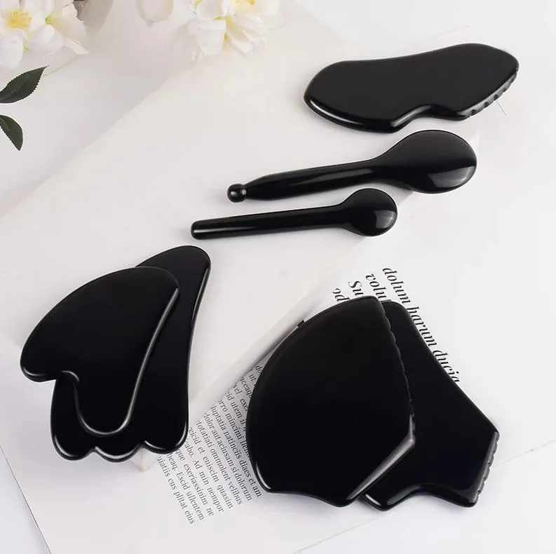 Hoge kwaliteit groothandel verschillende vorm Face Care Massager Sawtooth Natural Stone Black Obsidian Facial Gua Sha Tool Spa Massager Health Body Guasha Scraper Board