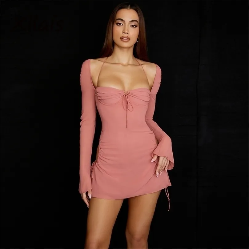 XLLAIS Articles en gros Femmes Flare À Manches Longues Robe Rose De Mode Col Carré Bandage Robes Sexy Découpé Party Club Robes 220629