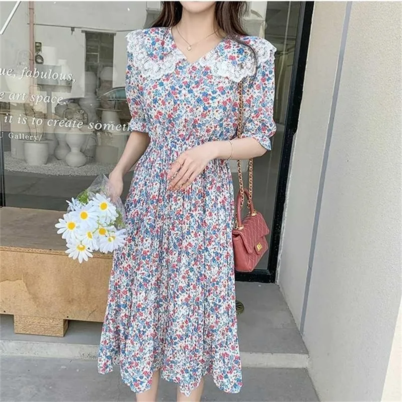 Franska sommarkvinnor blommor chiffong klänning femme mantel kort ärm mode sexig vintage koreanska kläder 210529