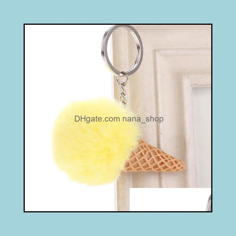 Ice Cream Keychain Soft Artificial Rex Rabbit Hair Ball Keyring Furry Pom Acrylic Key Ring Women Shoulder Bag Car Pendant Gift