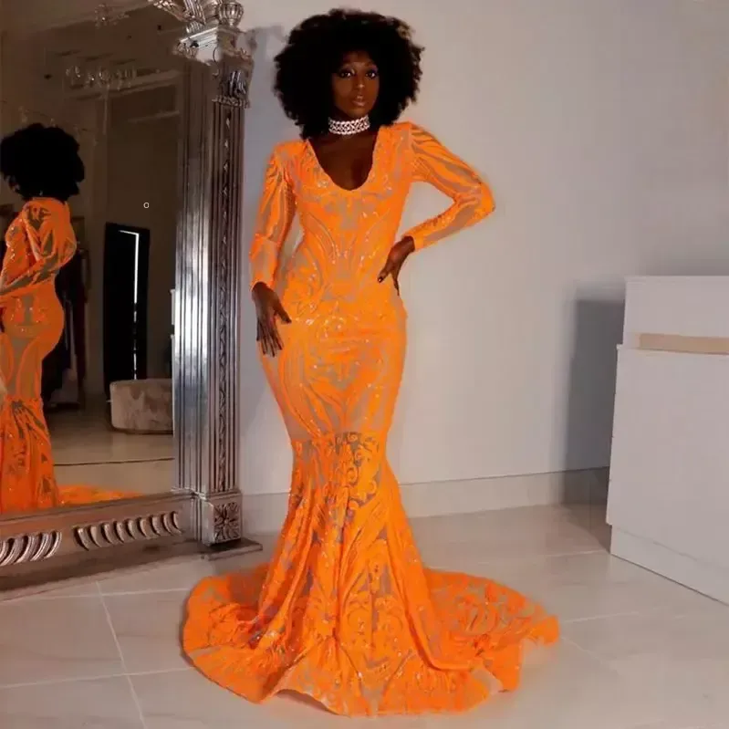 One pcs Orange Sequined Mermaid Prom Dresses African Black Girls 2022 Arabic V-neck Plus Size Long Sleeve Evening Gowns Cocktail Party Formal Dress