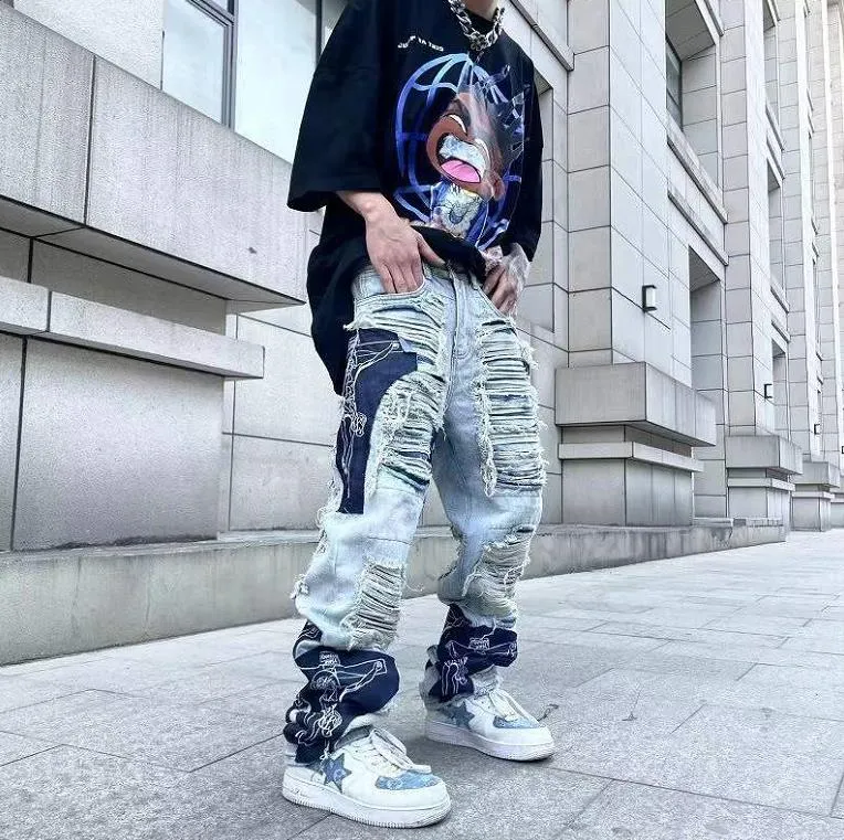 Heren jeans high street wash wast mes sneden vernietiging patches gescheurd gat splicing jeans heren dames broek hiphop rechte losse bedelaarbroek