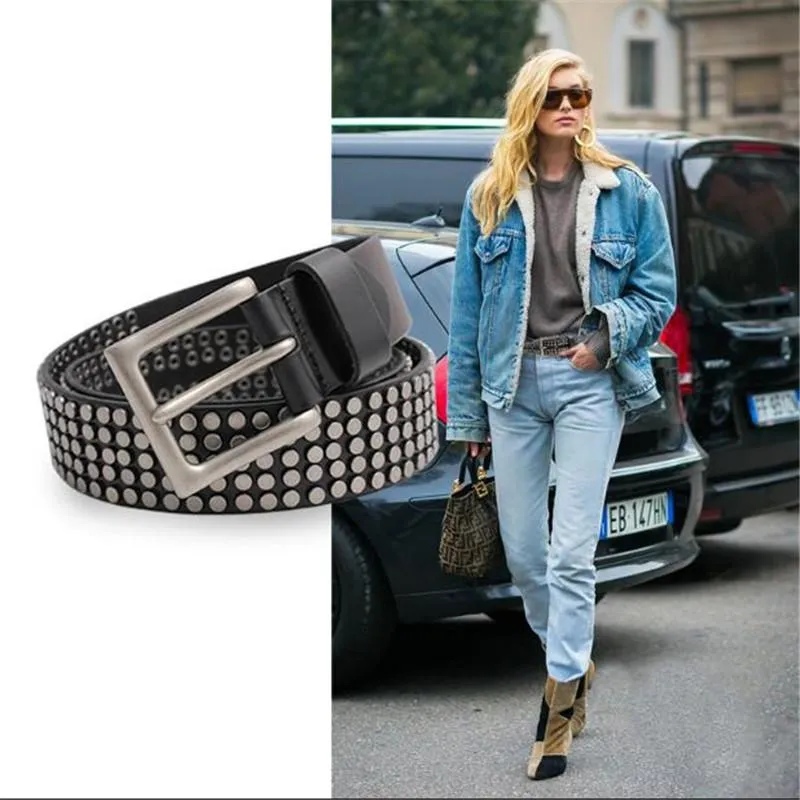 Belts High Quality Metal Studded Leather Denim Belt Ladies Punk Jeans Men And Women Style