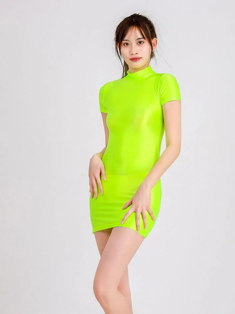 Casual Dresses Sexy Oil Glossy Sheer Micro Mini Dress Candy Color See Through Tight Pencil Cute Smooth Bandage Stage Wear F3Casual