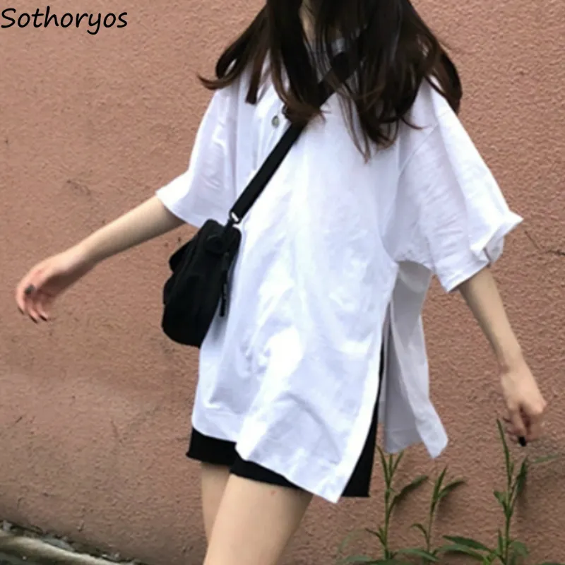 Tshirt Donna Ragazze Solid Manica corta T-shirt Sideslit Harajuku Stile coreano Ins Trendy Leisure Simple Allmatch Streetwear Top 220615