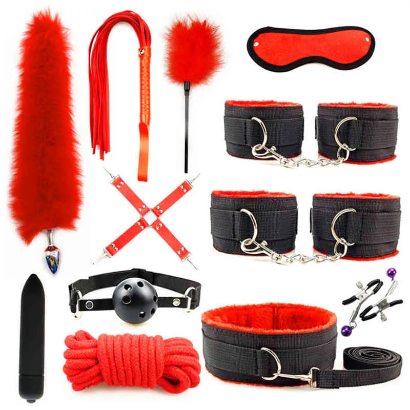 Nxy Sm Bondage Bdsm Kit Adult Toys Sm Products Sex Toy Erotic Handcuffs Whip Toy Anal Plug Vibrator Gear for Couples Women 220423