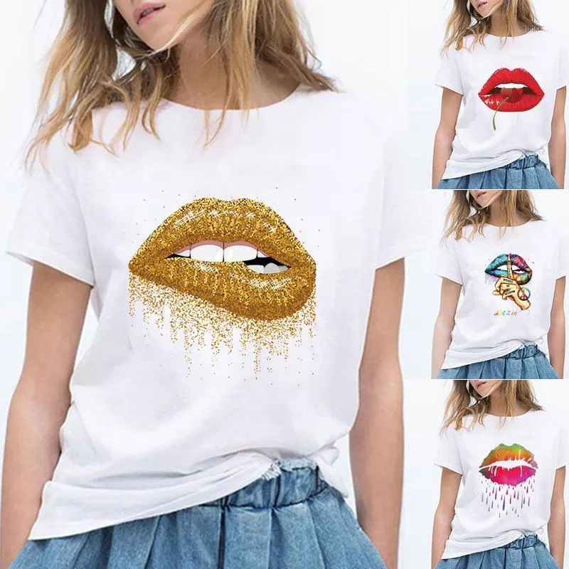 Ladies T-shirt Top Red Lips Love Print Basic O-neck Short Sleeve Fashion White Harajuku Graphic Women Women's