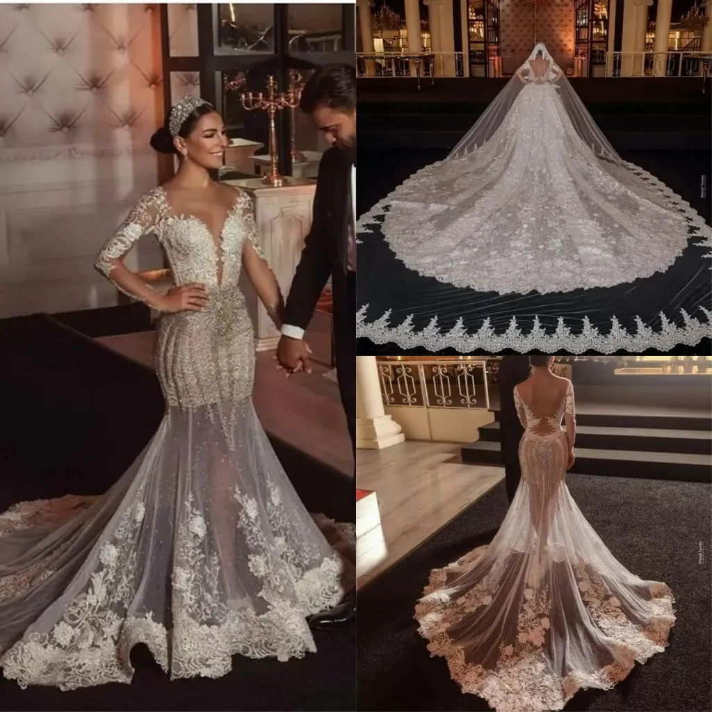 2022 Luxe Sirène Robes De Mariée Arabe Dubaï Perles Appliqued Dentelle Chapelle Robe De Mariée Avec Train Détachable Manches Longues Vestidos De Novia B0803