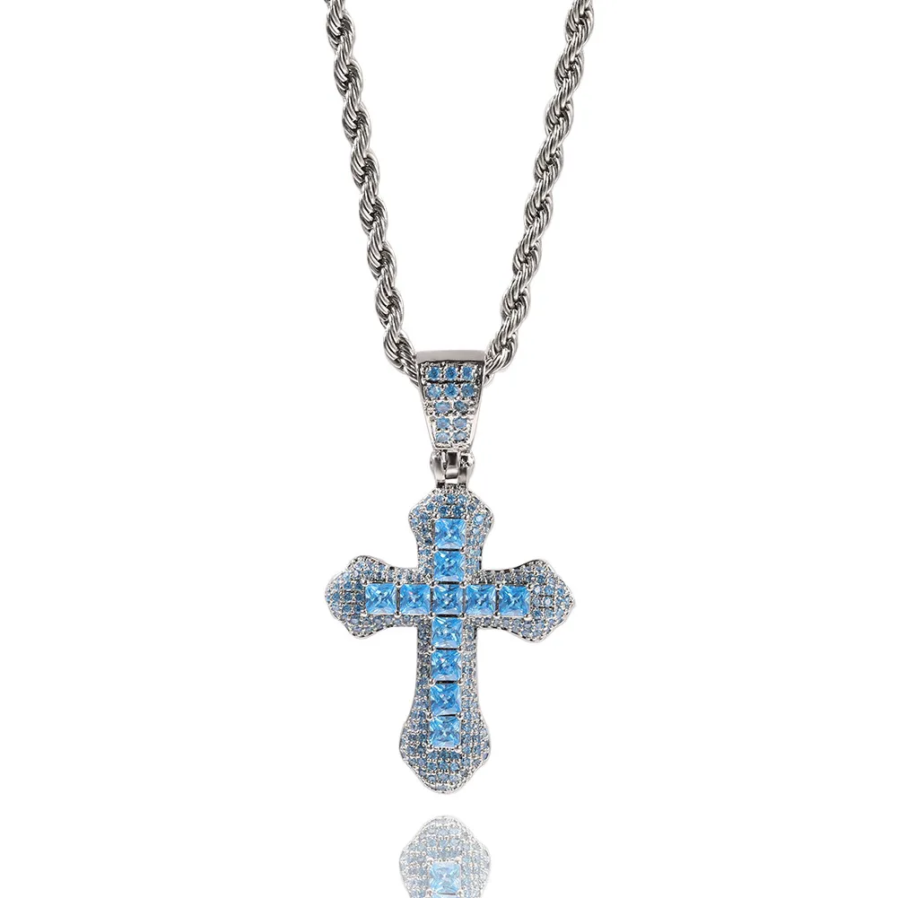 Blue Cross Penden Collece 2 слоя Iced Out Baguette Cz Stones Charms Модные украшения для подарка