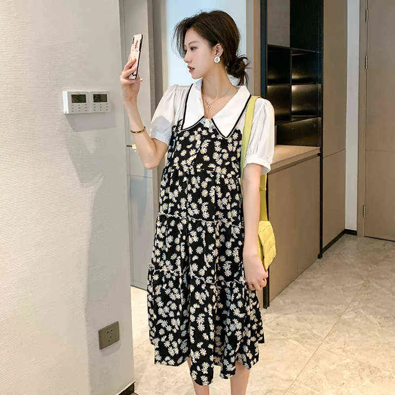 Pregnant Women Summer Chiffon Dress Short Sleeve TurnDown Collar Maternity Floral Dress Long Loose Pregnant Woman ALine Dress J220628