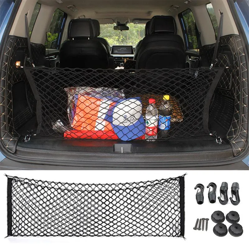 カーオーガナイザーバックリアトランクシートエラスティックストリングネットブーツポケットカーゴメッシュストレージは、92.5cm 42cmcarを手配します