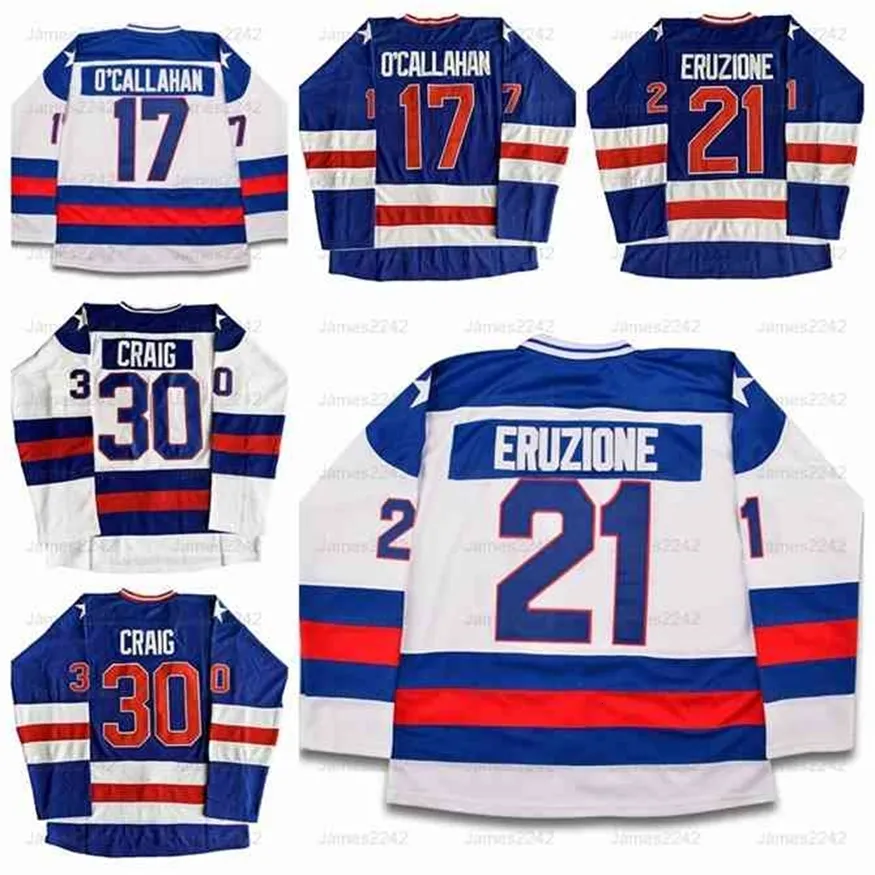 Nikivip Mike Eruzione 21 Jack O'Callahan 17 Jim Craig 30 Miracle üzerinde Buz Takımı ABD Hokey Jersey Mavi Beyaz Dikiş S-3XL