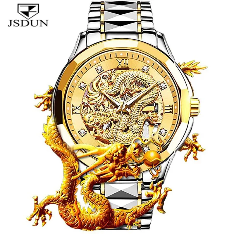 腕時計ドラゴンスケルトン男性用自動機械式時計ステンレススチールストラップゴールドクロック30m防水メンズ8840WRIST