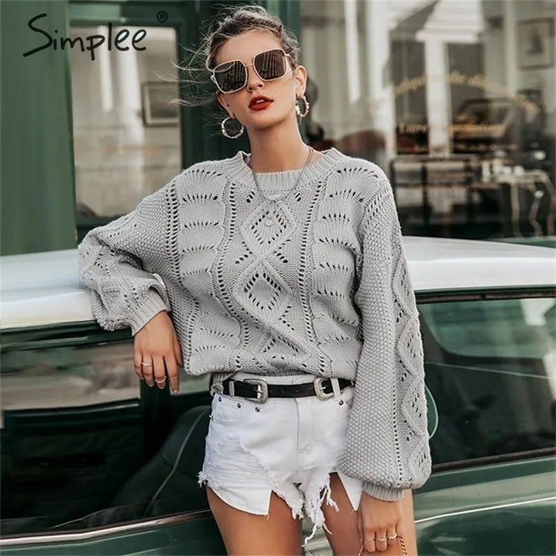 Hollow Out Knitted Women Pullover Sweater Lantern Sleeve Vrouwelijke herfst Wintertrui O-Neck Casual Ladies Jumper 201223