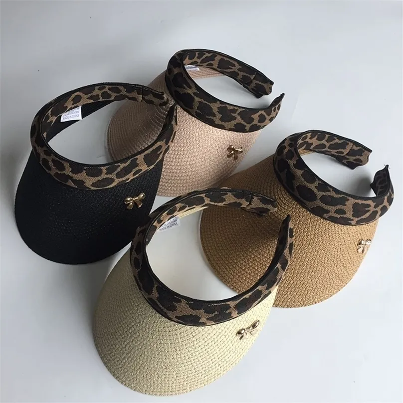 Womans Sun S Female Leopard Bowknot Hand Made Diy Straw Summer Cap Casual Shade tom Top Hat Beach 220627