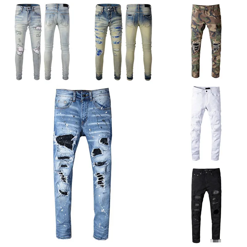 Jeans voor man ontwerper Skinny Biker Black Wit Lang Rip Mens Motorfiets Zipper Hip Hop Distress Cargo Denim Jeugd Slim Fit rechte noodlijdende gat Cool Guy