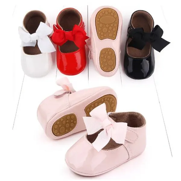 Nyfödda babyskor tjej klassisk bowknot gummi sula antislip pu klänningskor första vandrare småbarn crib skor gc1380