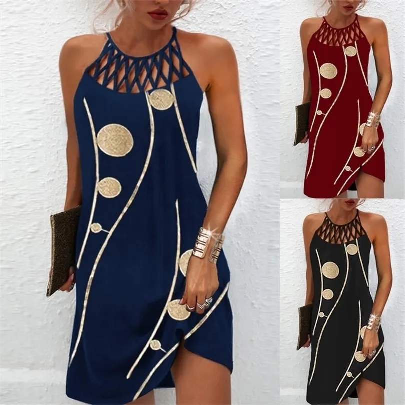 Sexy Mini Dress Women Fashion Printed Halter Hollow Out Sleeveless Dresses Elegant Boho Dress Female Beach Party Dress Vestidos 220705