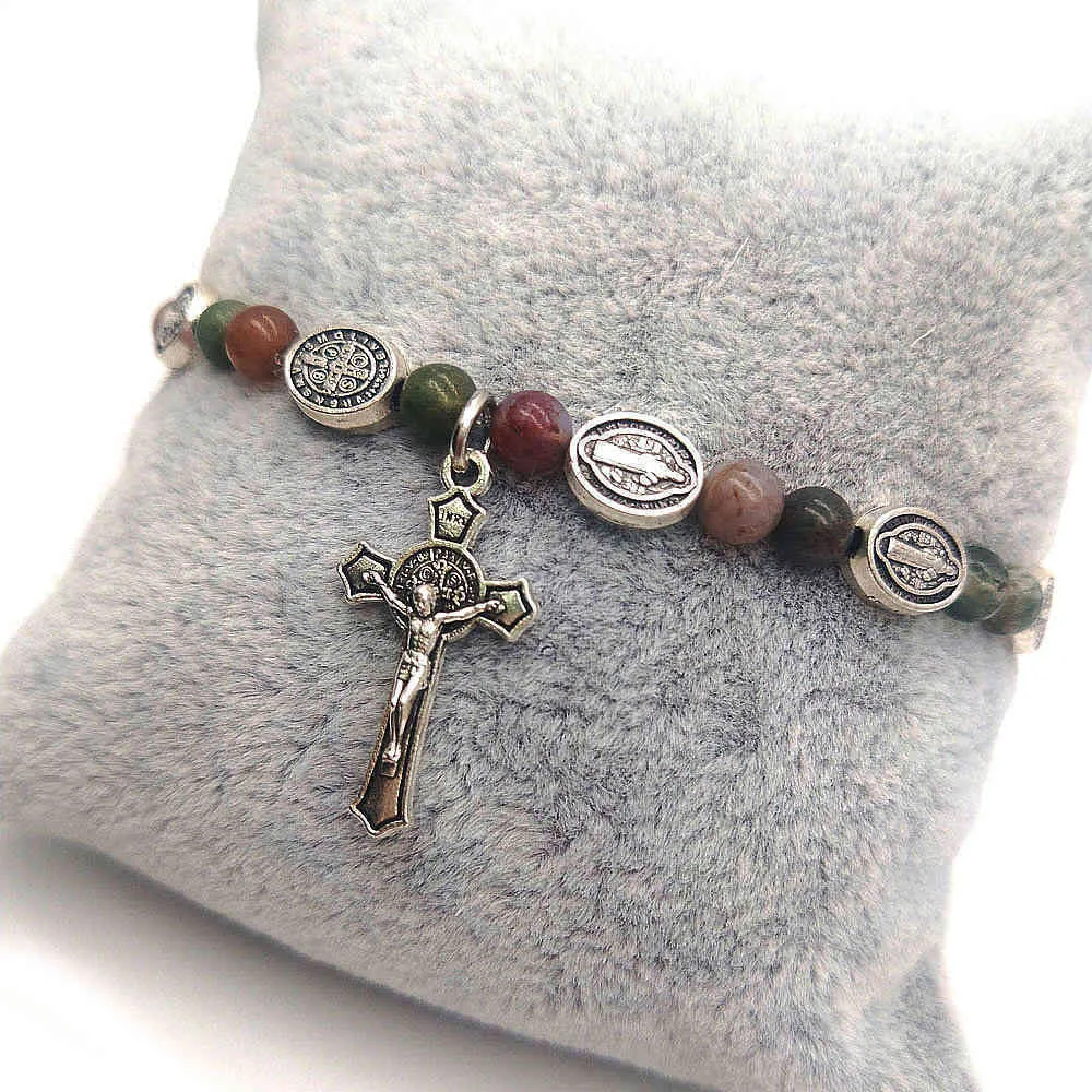 Natural Stone Agate Icon Cross Rosary Pärlor Strängpärlor armband armband