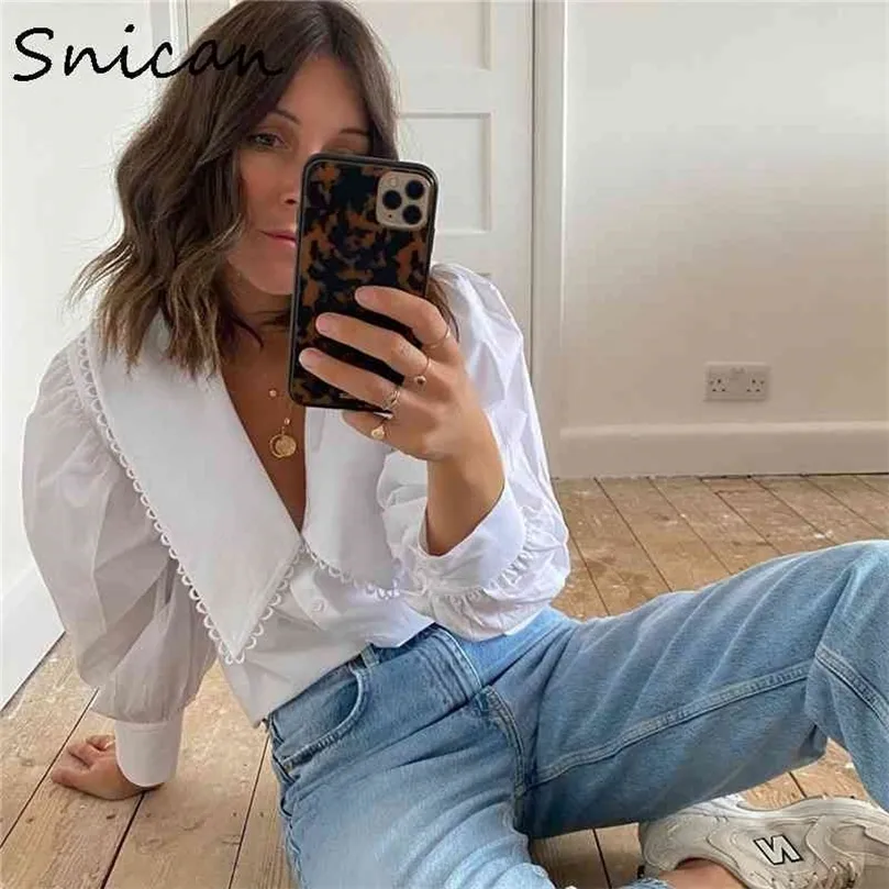 Snican Basic White Peter Pan Collar Women Blue Long Sleeve Office Ladies Uniform Shirt Za Autumn Spring Camisa Mujer Chic 210326