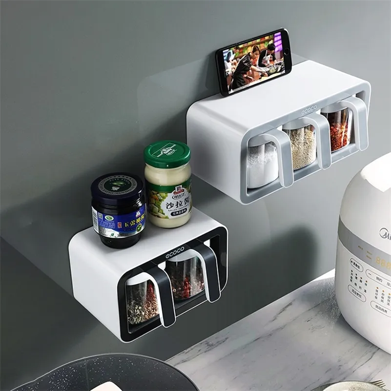 ECOCO Wall Mount Spice Rack Organizer Sugar Bowl Salt Shaker Seasoning Container Kitchen Supplies Storage Set Spice Boxes 220801