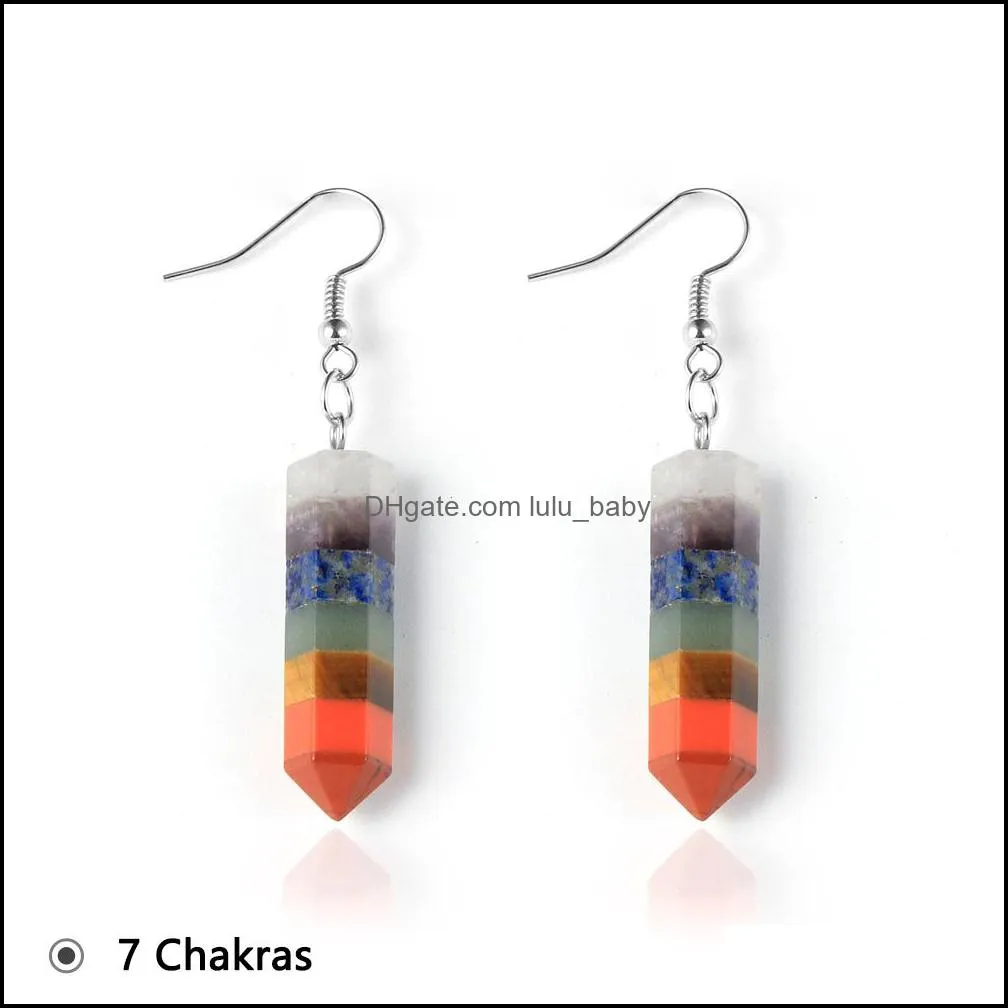 women 7 chakras natural stone charms hexagonal bullet dangling earring colorful gem stones hanging reiki yoga healing earring lulubaby