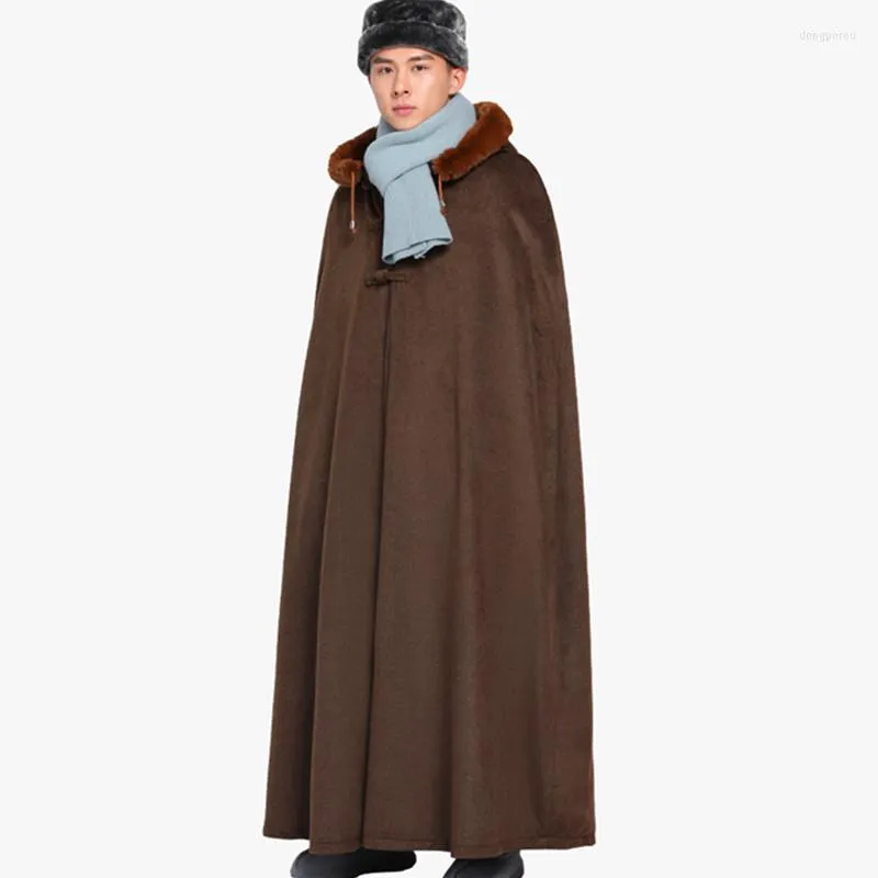 Trench da uomo addensare mantelle da uomo collo di pelliccia caldo invernale da uomo mantello con cappuccio giacche a vento da uomo vintage capispalla medievale maschile impermeabile