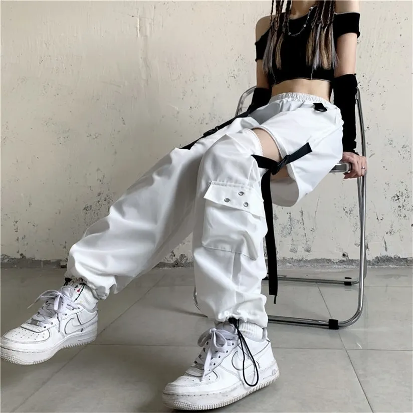 Houzhou White StreetWear Cargo Pant Y2K Harajuku Loose Patchwortk High Waist Byxor Casual Removable Techwear Korean 220325