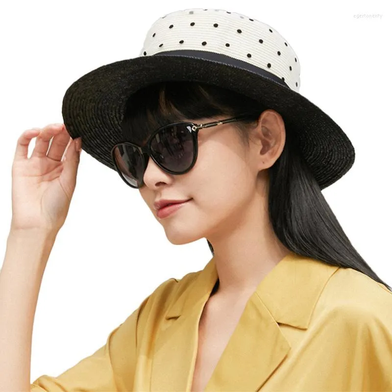 Wide Brim Hats Elegant Flat Straw Jazz Sun Caps For Women Ladies Mesh Polka Dot Ribbon Fashion Beach Hat Summer Fedora HatsWide