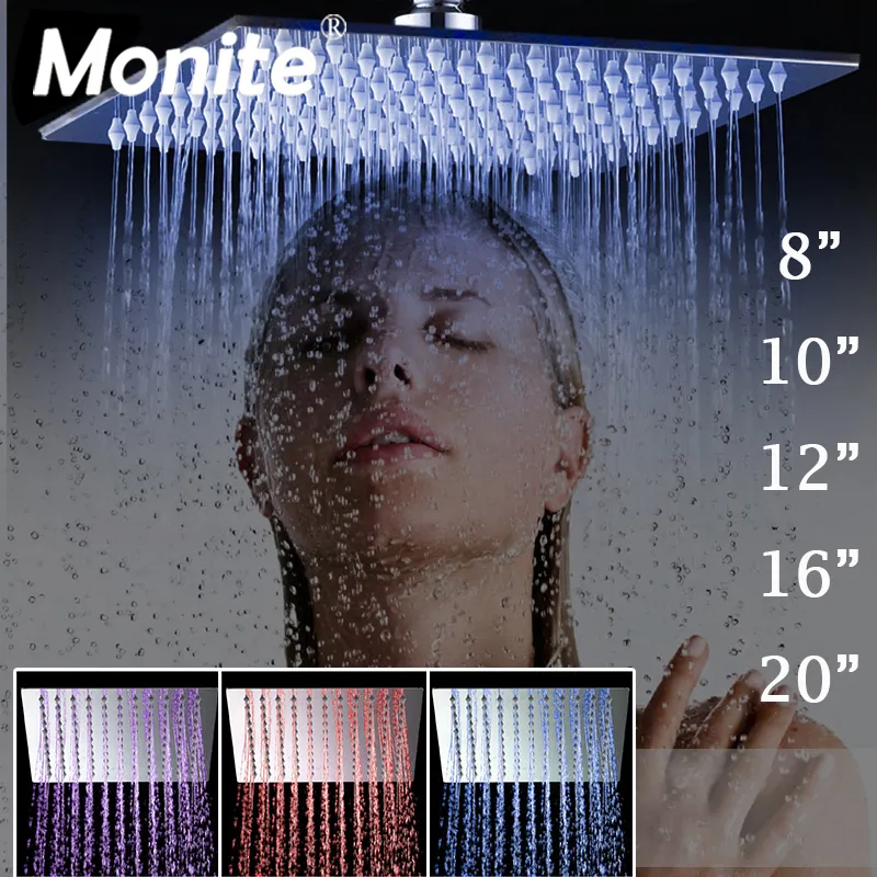 Monite 8 10 12 16 20 24 Pouces LED Pluie Pommeau De Douche B8136 En Acier Inoxydable Pluie Pommeau De Douche Salle De Bains Ultra-Mince Pommeau De Douche 201105