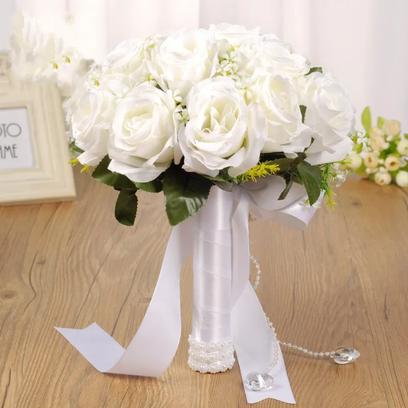 Bridal Bridesmaid Bouquet White Silk Flowers White Roses Bride Boutonniere Pins Mariage Accessories CL0506