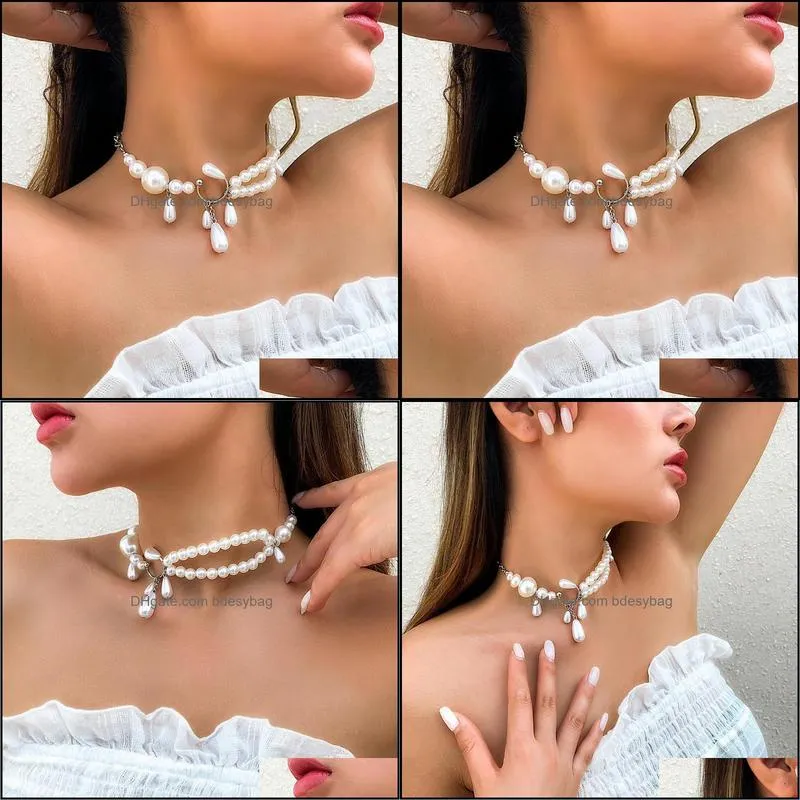 pendant necklaces high quality elegant tassel pearl short choker necklace wedding bridal collares para mujer vintage fashion jewelry 2022