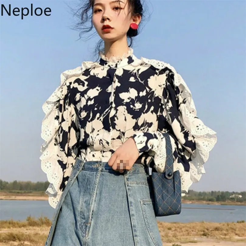 Neploe Lace Fungus Patchwork Mujer Camisas Flower Stand Collar Blusas de manga larga Moda Hollow Out Tops femeninos 210226