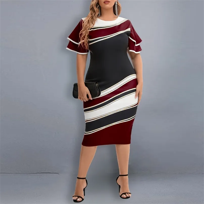 Damesjurk plus size feestjurken voor vrouwen zomer geometrische print gelaagde korte mouw elegante avond midi jurk 5xl 220527