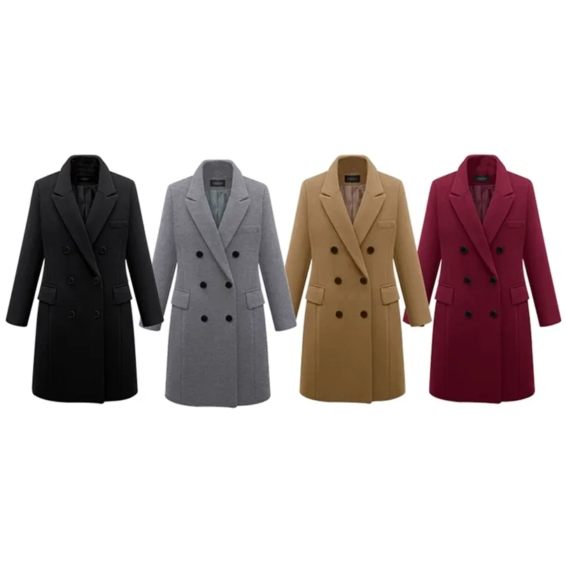 Sonbahar Kış Palto Kadınlar Sıradan Yün Katı Ceketler Blazers Kadın Zarif Çift Göğüslü Uzun Ceket Bayanlar Plus Boyut 5XL 201221