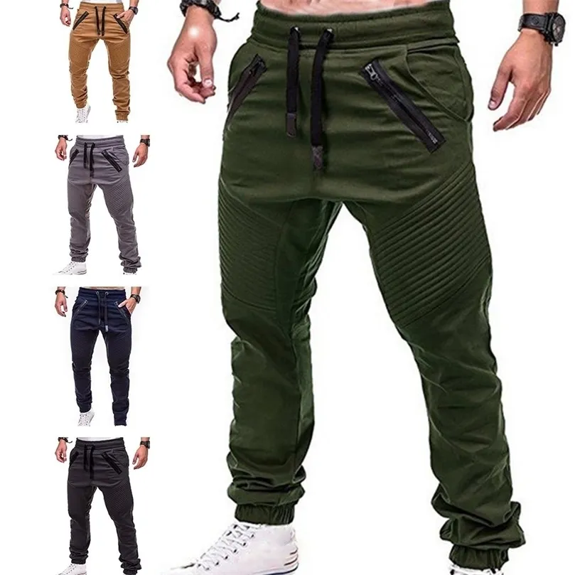 Męskie spodnie szczupłe spodnie sportowe menu mody mody sznurka suwakowe kieszenie koktajle związane długie spodnie sporne spodni 220621