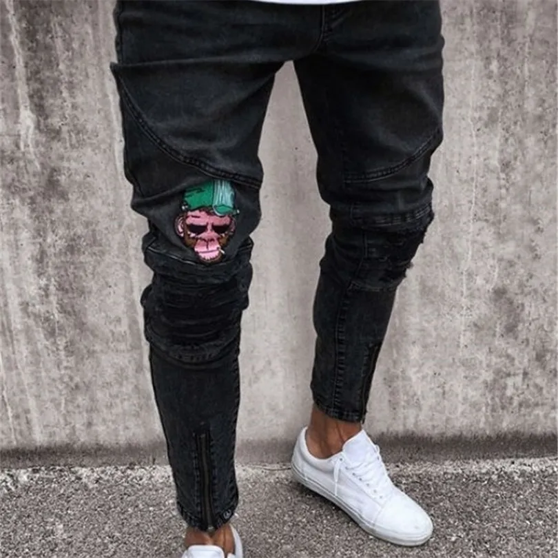 Мужские бренды вышивающие джинсы мода мужски повседневная слабая подходящая высокая растяжка скинни джинсы Мужские черные брюки Homme T200614