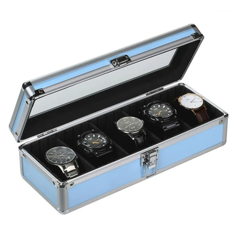 Scatole per orologi Custodie da uomo Scatola in lega di alluminio Display Orologi in metallo di lusso Organizer Storage Uomo Cielo blu opaco Cofanetto in vetro trasparente