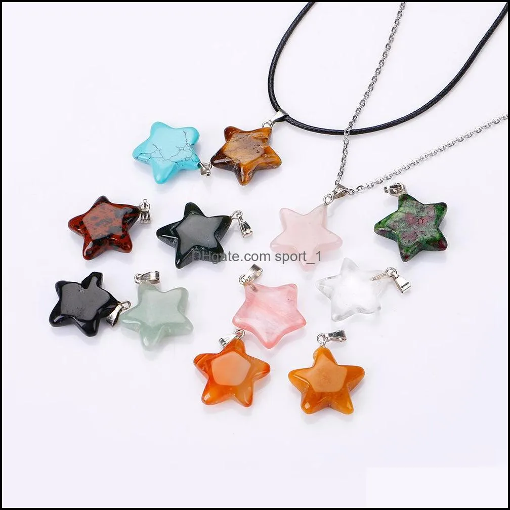 natural stone five-pointed star pendant necklace opal tiger`s eye pink quartz crystal chakra reiki healing pendulum necklaces