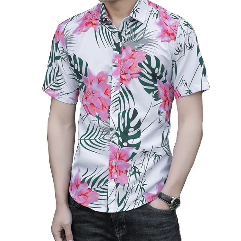 Mens Summer Beach Hawaiian Shirt Short Sleeve White Floral Shirts Men Casual Holiday Vacation Men Blouse Clothing Camisas 7XL 210412