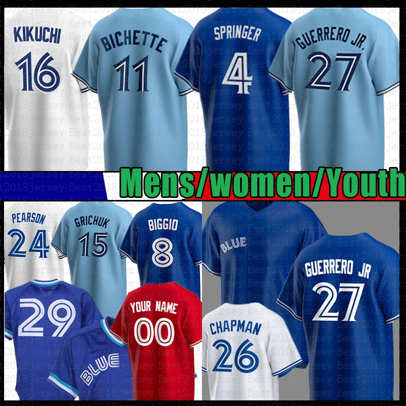 27 Maillot de baseball Vladimir Guerrero Jr. Jays Bleu 11 Bo Bichette George Springer Yusei Kikuchi Cavan Biggio Randal Grichuk Nate Pearson Hyun-Jin Ryu Matt Chapman