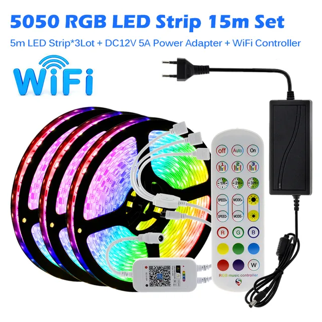 RGB LED Strip Lights 5050 & 2835 Flexible 10M 15M 20M Music Sync With ...