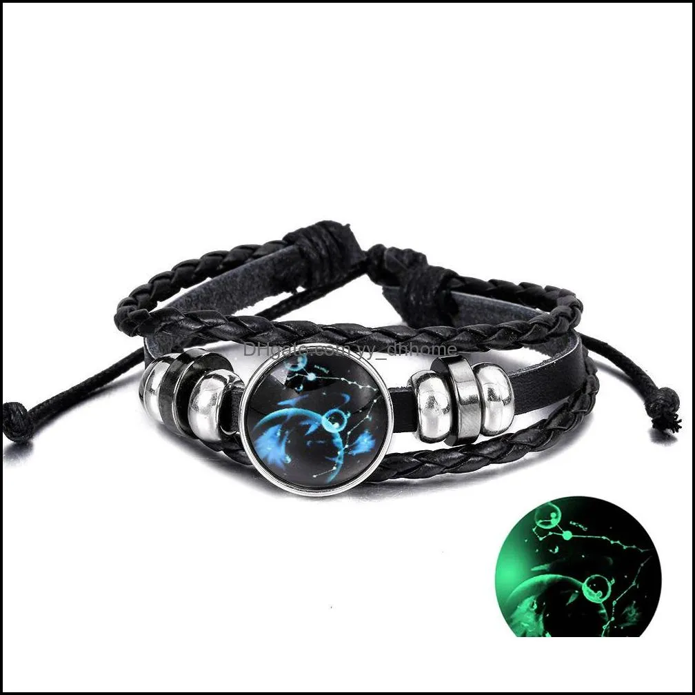 New Arrival 12 Constellations Luminous Bracelet Punk Black Leather Zodiac Bracelets Alloy Bead Snap Buttons Charm Jewelry For Women And