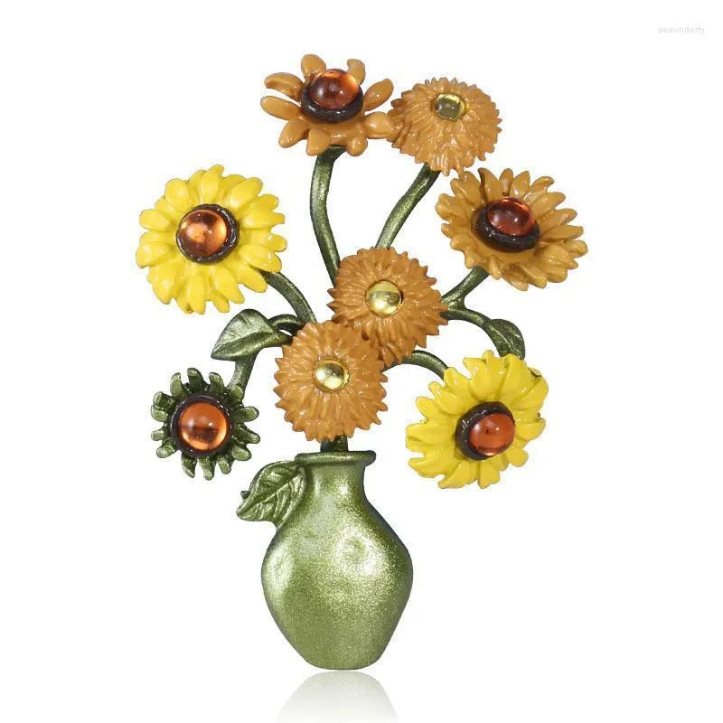 Pins Brooches Sunflower Vase Design Vintage Brooch Pin Elegant Suit Cardigan Brooche Drop Supplier Seau22