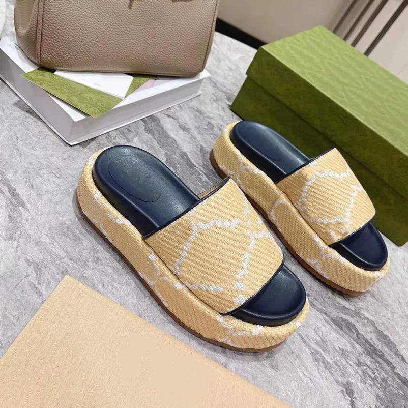 Toppkvalitetsdesigners kvinnor Flat Slides Mens Fashion Platform Sandaler Straps Affia Effect Fabric Slipper Summer Casual Sopers Summer Beach Shoes With Box No380