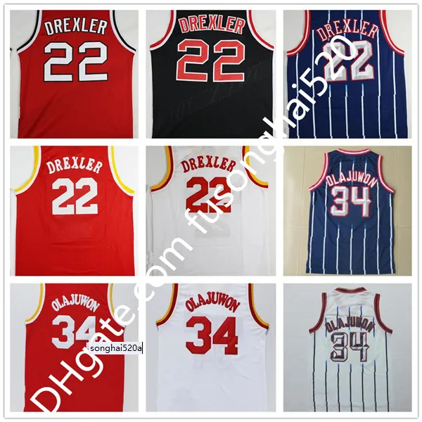 Högkvalitativ 22 Clyde Drexler Jersey Black Red 34 Hakeem Olajuwon White Blue Stripe 3 Steve Francis Basketball Jerseys Retro Thro Jerseys