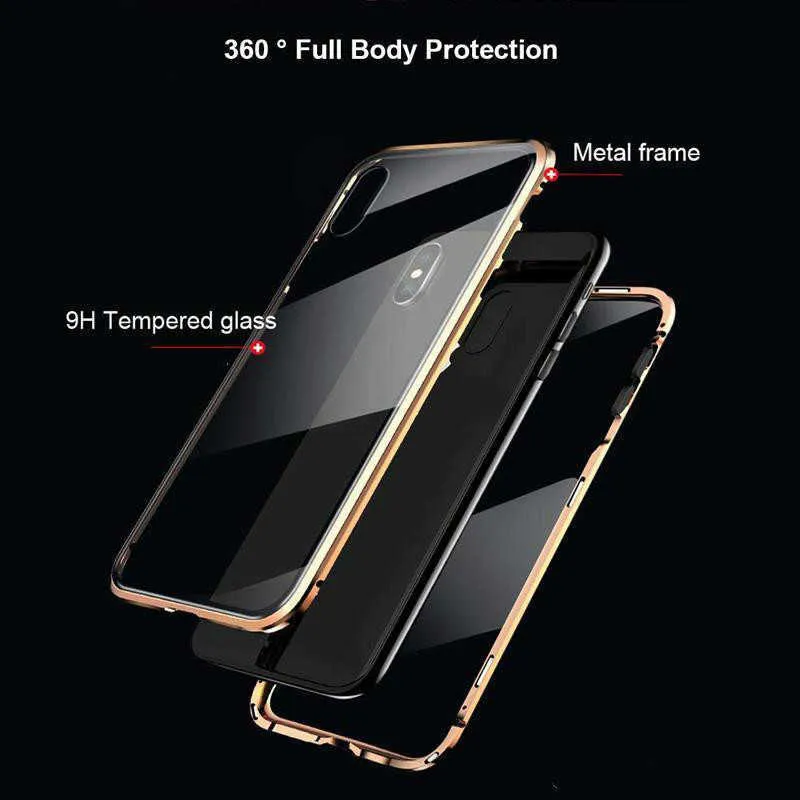 Ultra Slim Magnetic Adsorption Case Metal Frame Front and Back Tempered Glass Full Body Protective Case for Iphone XS Max XR 8 7